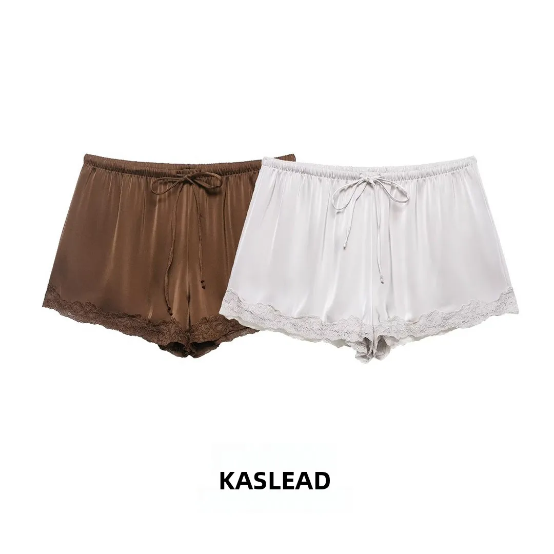 

Модные шелковые атласные шорты KASLEAD с кружевной отделкой, женские повседневные брюки с естественной талией из полиэфирного волокна