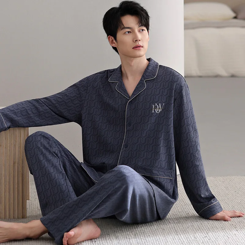 High Quality Big Size M-4XL Men Pajamas Set 100% Cotton Sleepwear Male Autumn Long Sleeve Turn-down Collar Pyjamas