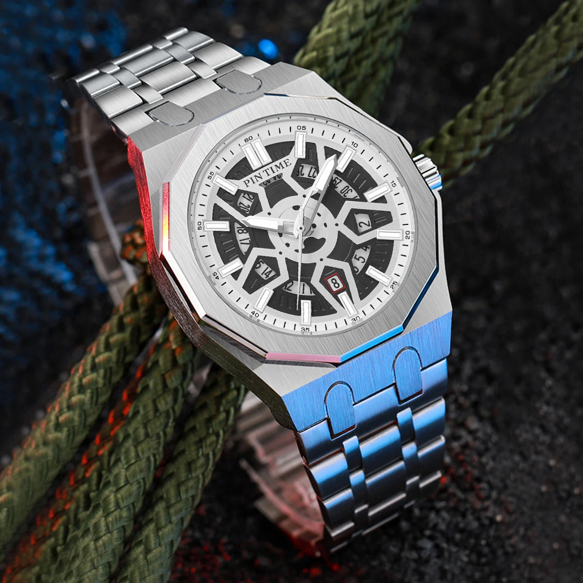 Business Style Men's Watch Trendy Fashion Quartz Wristwatch Octagonal Alloy Steel Band Waterproof Luminous Watch Gift