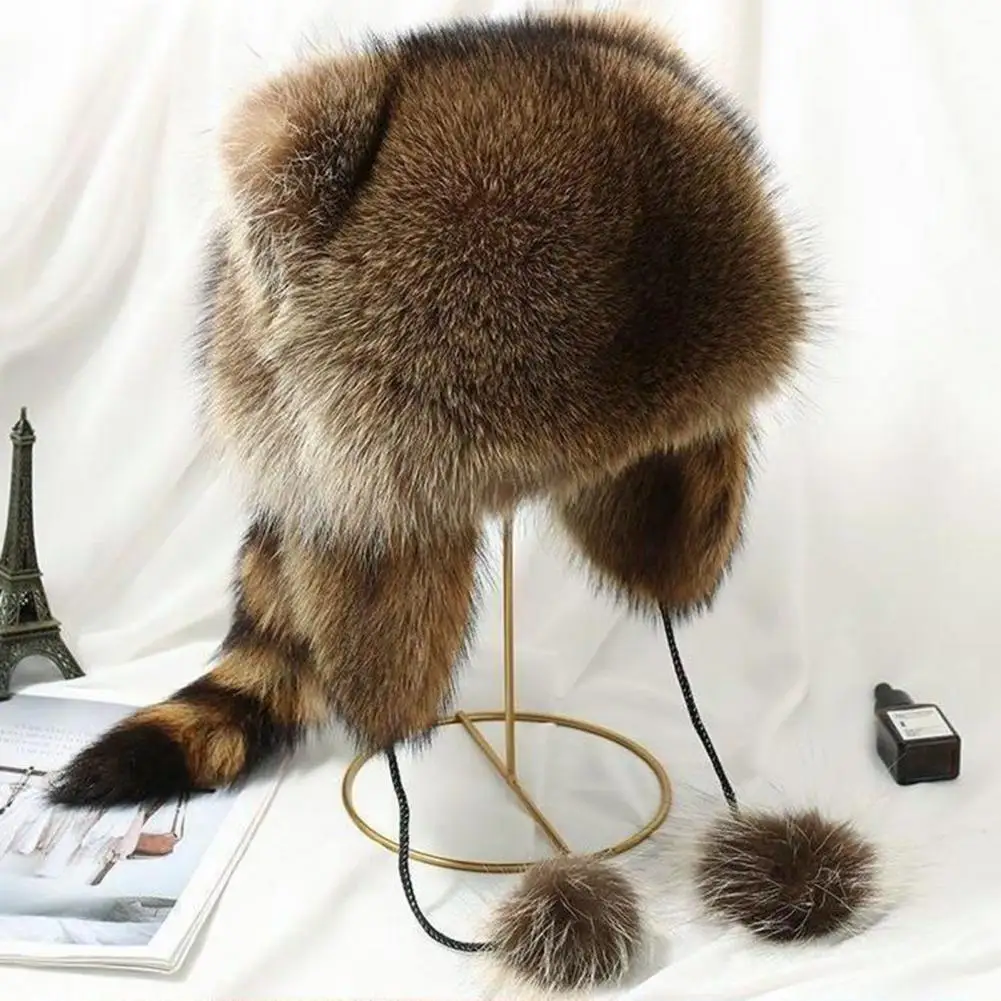 Winter Thick Furry Hat Autumn Winter Thermal Women Cap Raccoon Tail Comfortable Women Hat Ear-covering Headwear For Adult Kids