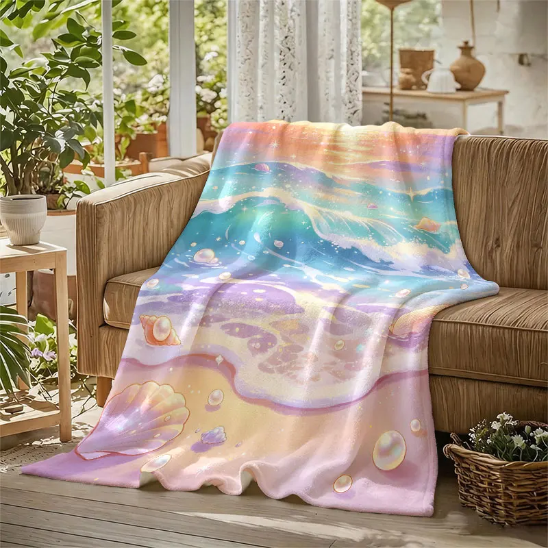 Ocean Shell Sunset Flannel Blanket Warm Soft Halloween Christmas Decorative Couch Warm Cozy All-Season Gift