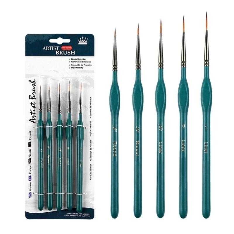 Pack of 5 Art Liner Painting Brushes Plastic Body Nylon Tips For Precisions Drawing Ceramics Art Assorted Colors