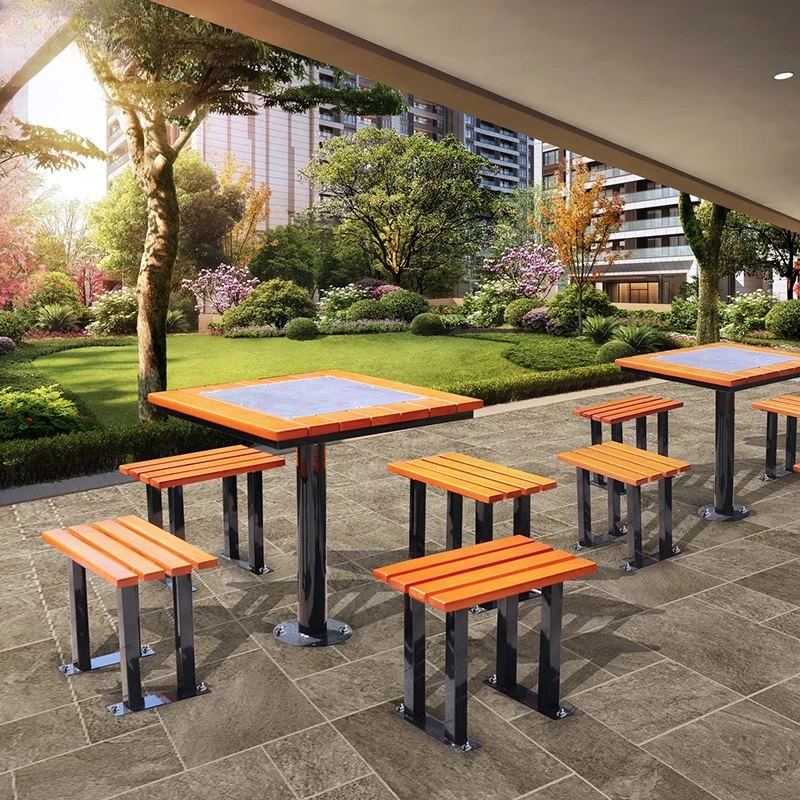 Community outdoor leisure tables and chairs outdoor preservative wood chess board backrest seat overhead layer one table four ch