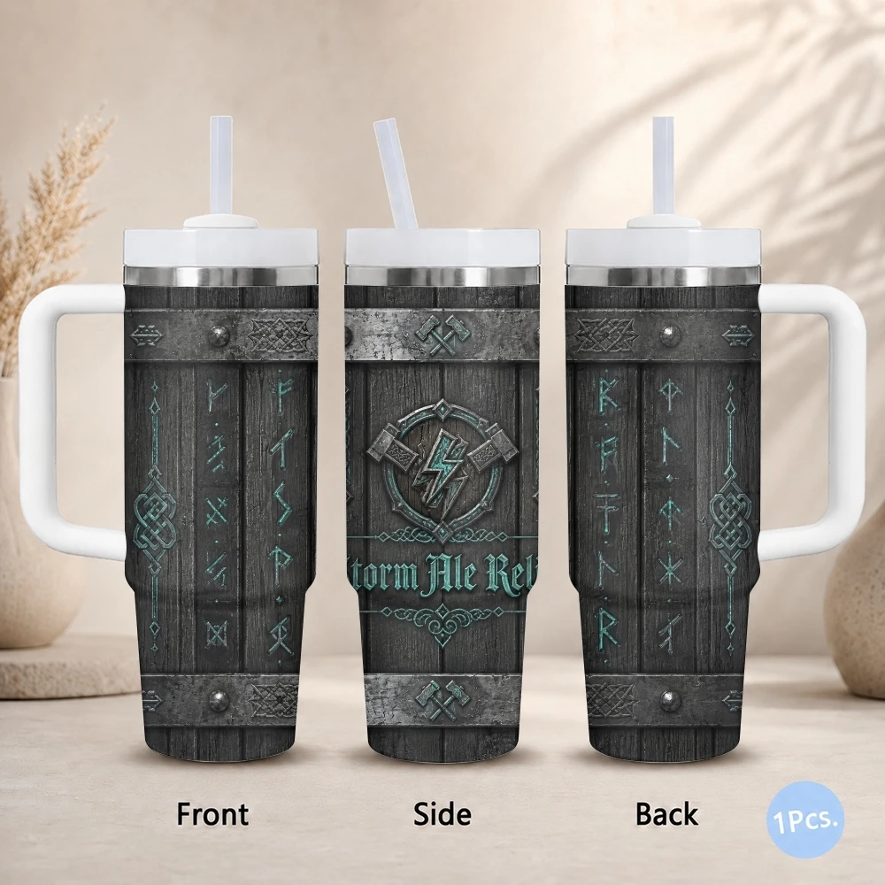 2D Wooden Plank Medieval Norse Vacuum Flasks 40oz Stainless Steel Insulated Tumbler With Handle & Straw Leakproof Travel Mug