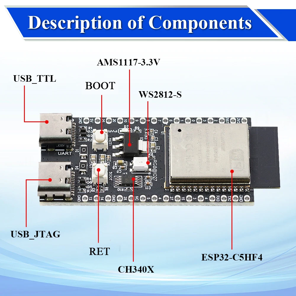 Dual-Frequency Development Board WiFi Module ESP32 C5 2.4G and 5GHz ESP32-C5-DevKitC-1 N4 4MB Flash WIFI6 CH343 32PIN TYPE-C