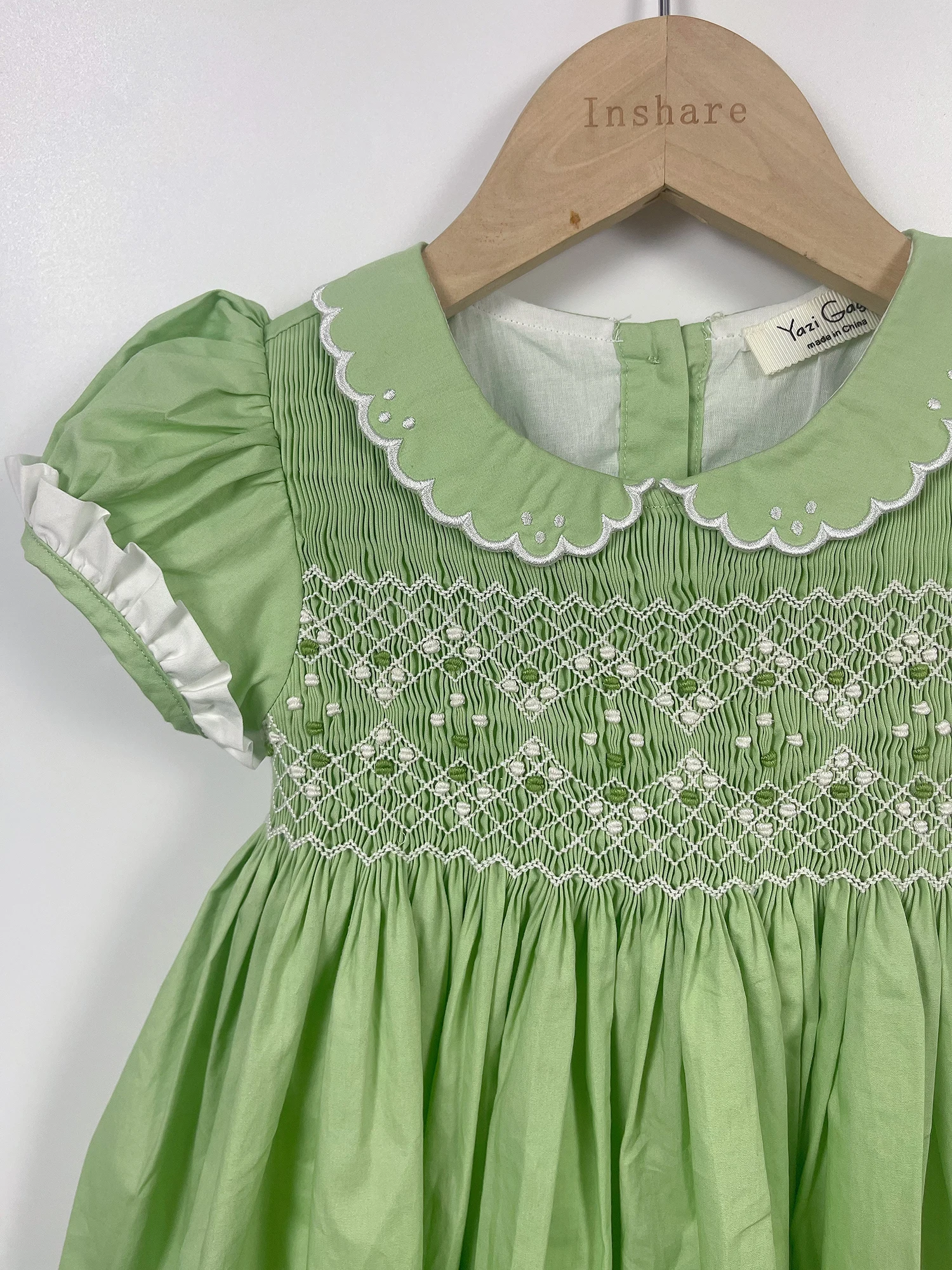 Summer Girls Handmade Smocking Dress Hand Embroidery Green Pure Cotton Fabric Soft Comfortable Banquet Performance Clothing