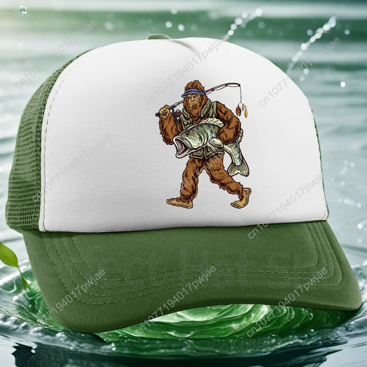 Gorra de béisbol ajustable con estampado de Sasquatch de pesca: sombrero ligero de poliéster con paneles de malla transpirable para actividades al aire libre
