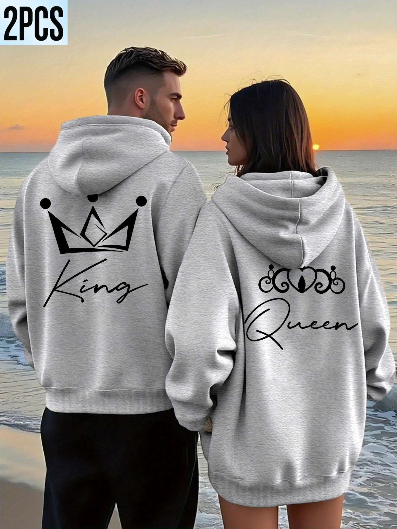 2PCS Men Women Hooded Sweatshirt King Queen Minimal Crown Line Print Loose Fit Autumn Winter Couple Streetwear Pullover Hoodie