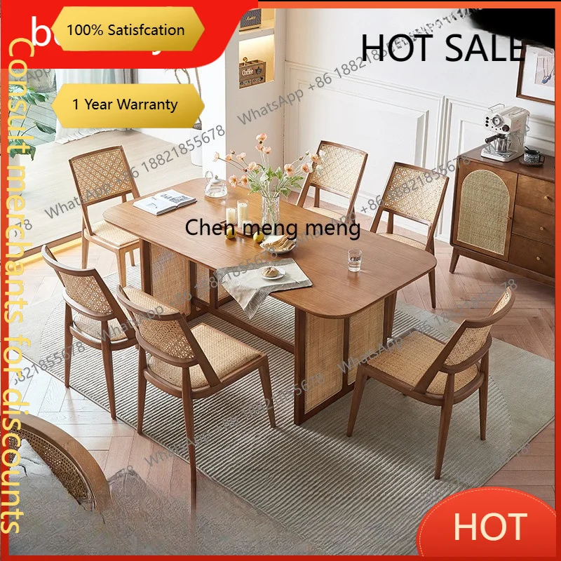 D5556 s6601 rattan solid wood household small apartment dining table chair combination simple modern homestay hotel long table a