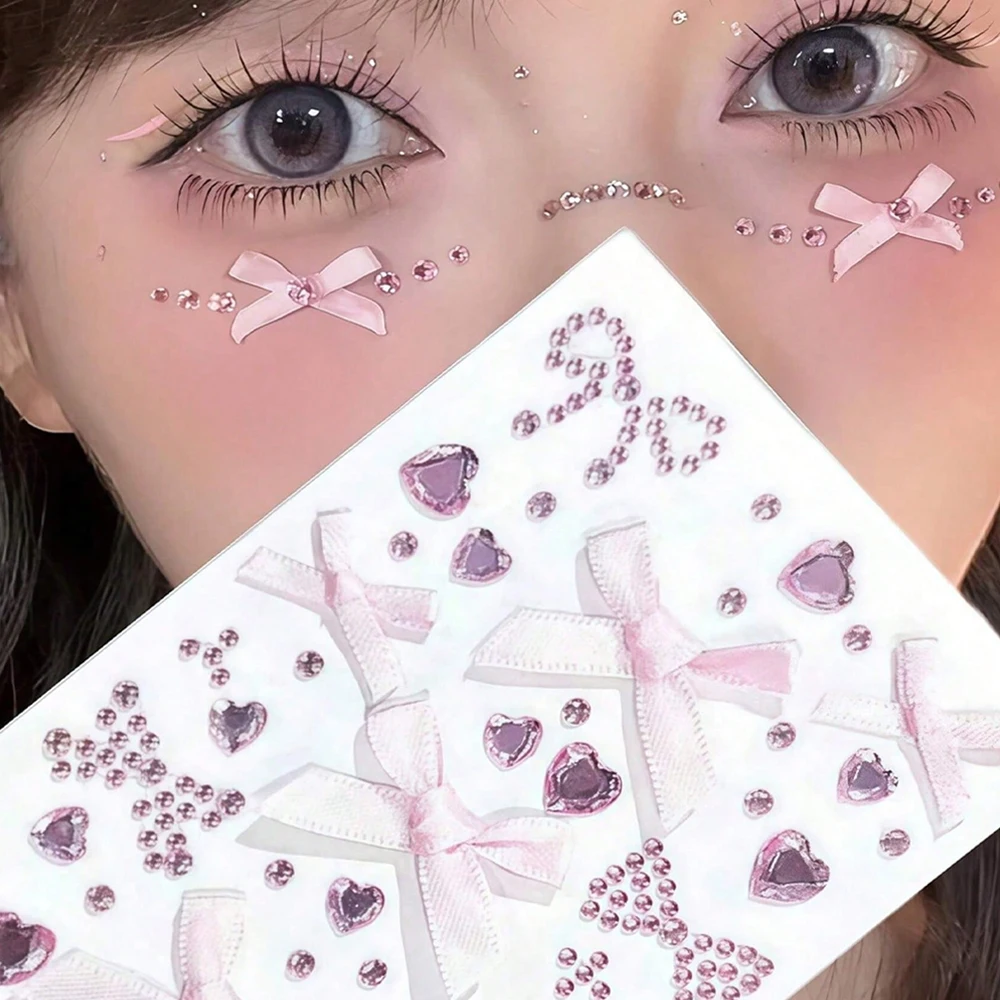1sheet Pink Ribbon Bow+heart Rhinestone Stickers Kawaii Red Silk Ribbon Bow Design Face Glittle Gem Stickers For Kids/Girl Decor