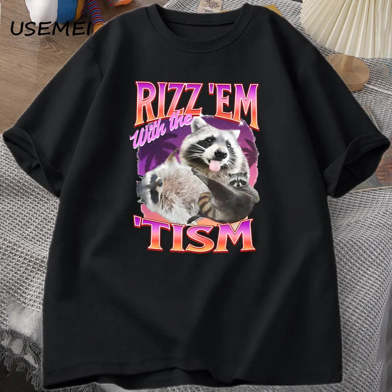 Rizz Em with The Tism Retro T-Shirt Man Funny Raccoon Graphic T-Shirts Unisex Opossum T Shirt Women Men Streetwear Clothes