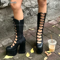 Black Patent Leather Inner Zipper Motorcycle Boots Halloween Wild Sexy Knee High Boots Size 36-46 Platform Chunky Heel Pumps