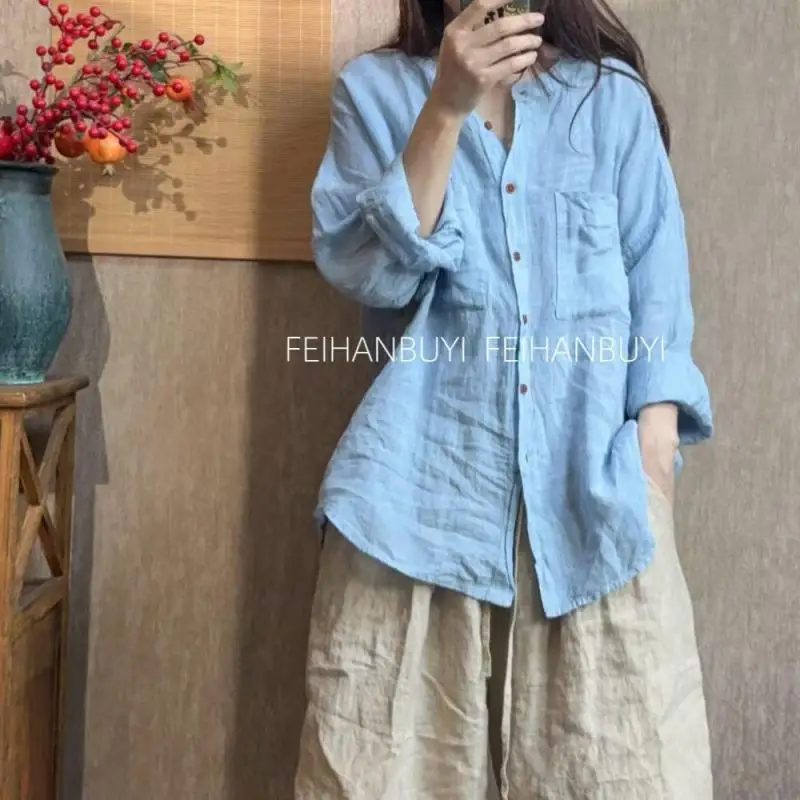 

Spring Summer Arts Style Women Long Sleeve O-neck Loose Shirt Double Pockets Cotton Linen Single Breasted Blouse Female Tops