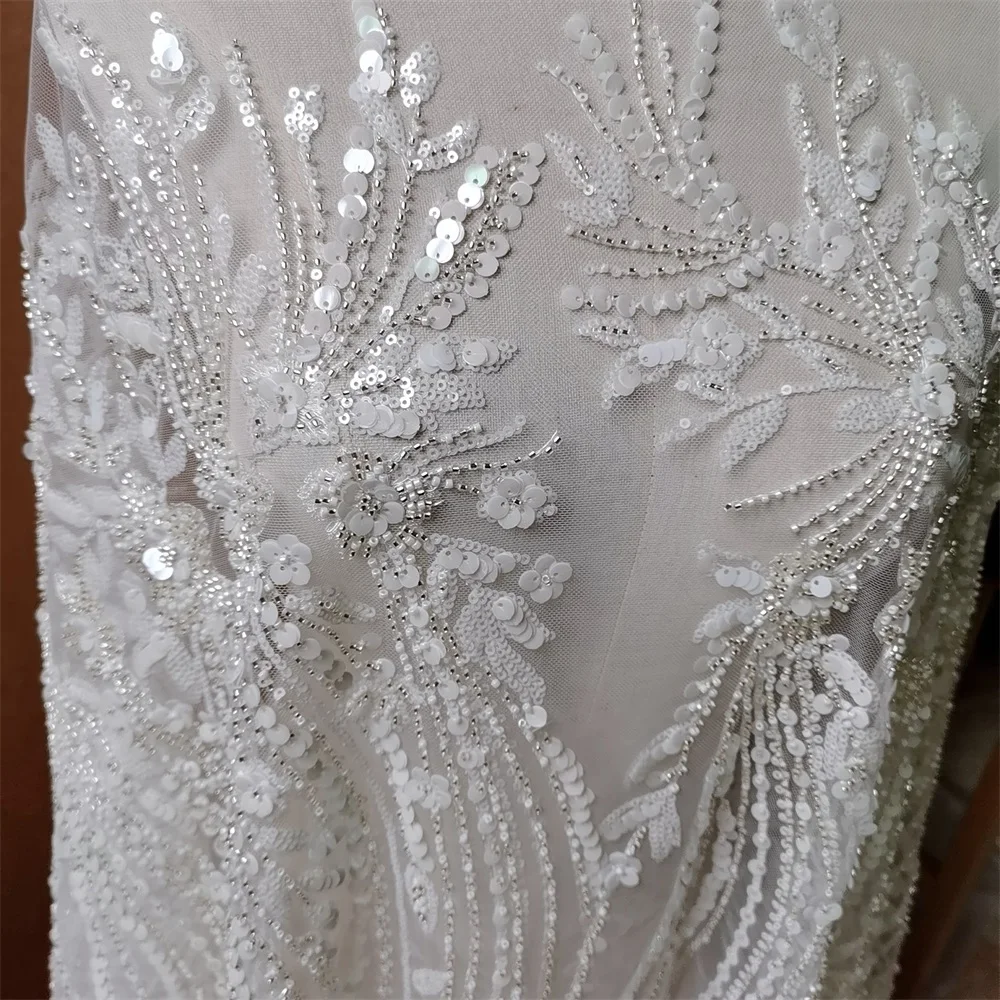 Beading 3D Sequins Flower Off White And Silvery Tulle Embroidered Lace Fabric Wedding Dress Fabric 2022 NEW