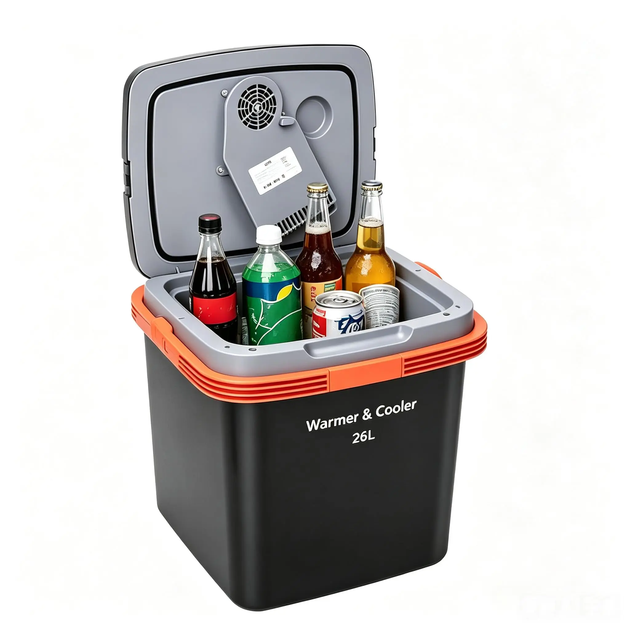 26L Electric Cooler & Warmer Car Refrigerator - Portable 12V DC for Cars/Trucks + 110V AC Home Cord, Auto-Lock Carry Handle, Plug-In Cooling/Heating, Dual Power Mini Fridge, Black/Orange