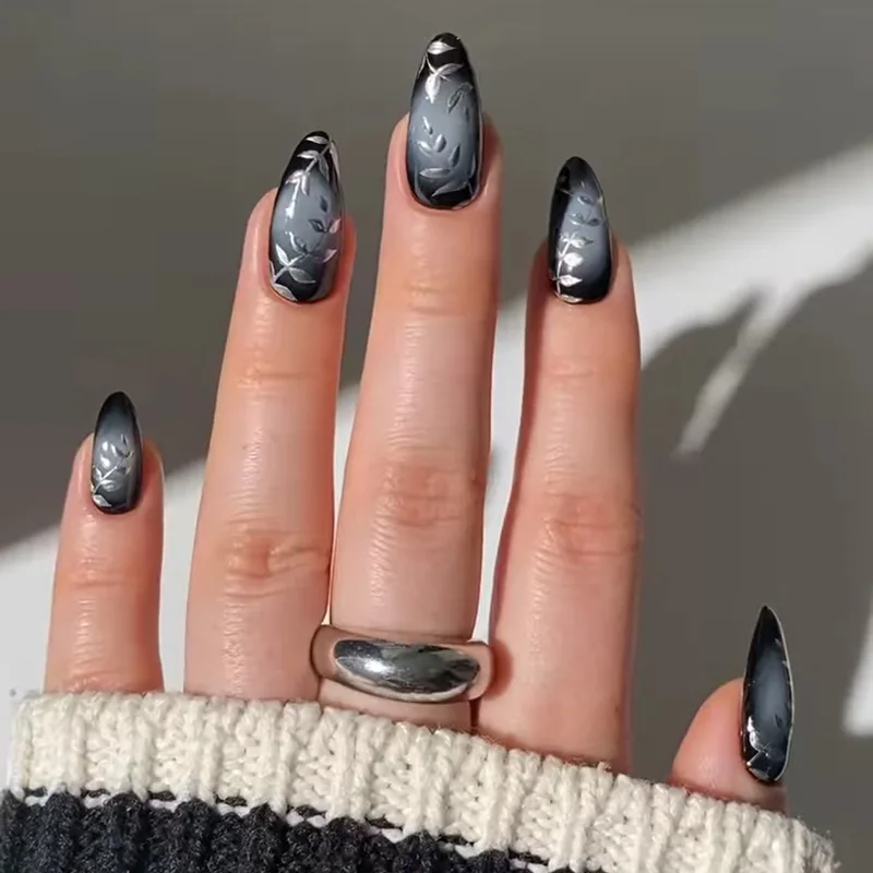 

24Pcs Mid-length Almond Press on False Nails Silver Leaf Simple Smudge Fake Nails Oval Detachable Finished Full Cover Nails Tips
