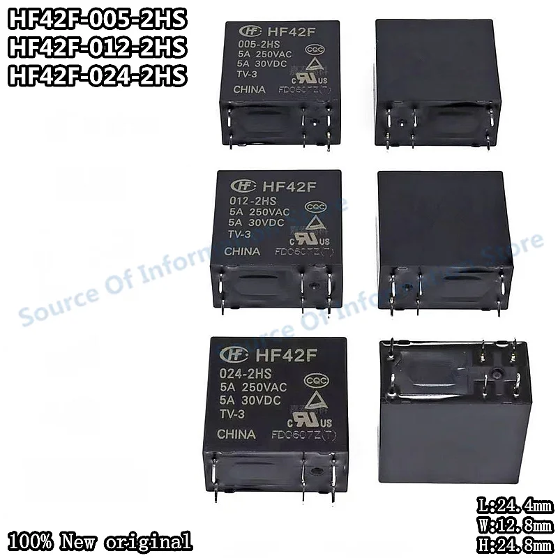 5Pcs Hongfa HF42F Series Power Relay HF42F‑005‑2HS HF42F‑012‑2HS HF42F‑024‑2HST 5V 12V 24V 5A 250VAC 6Pin DPDT PCB Relay