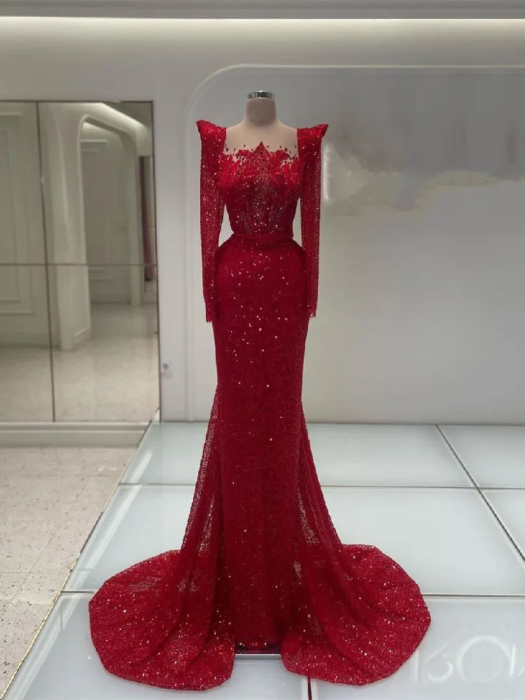 Red Evening Dresses Long Sleeves V Neck Portrait Sequins Appliques Beaded 3D Lace Beaded Prom Dresses Prom Dress Custom Made