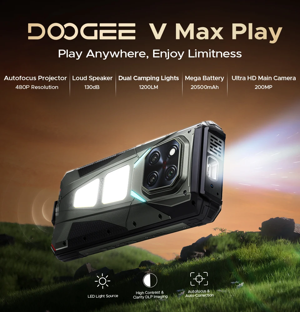 DOOGEE V MAX PLAY 5G Projector Rugged Phone 16GB 512GB Dimensity 7300 6.78" 120Hz Dual Camping Lights 200MP Smartphone
