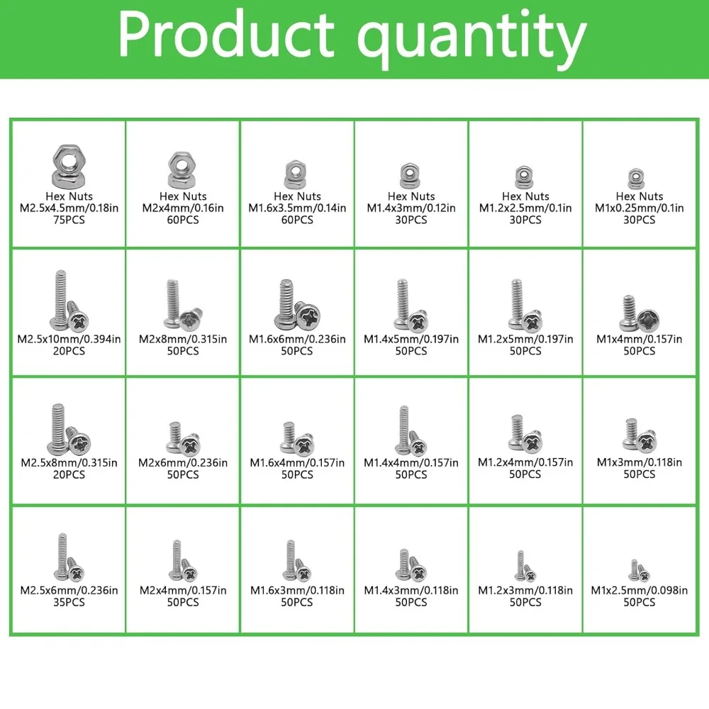 

Набор из 1110 микро-винтов и гаек из нержавеющей стали 304 (M1, M1.2, M1.4, M1.6, M2, M2.5) с полукруглой головкой Phillips для электроники и DIY-проектов