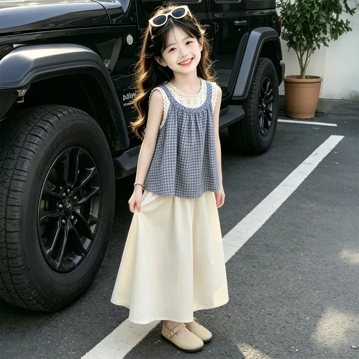 Children Outfits Summer Fashion New Girls Plaid Top+Wide Leg Pants 2 Pcs Sets 6-16Years All Match Teenager Students Casual Suits