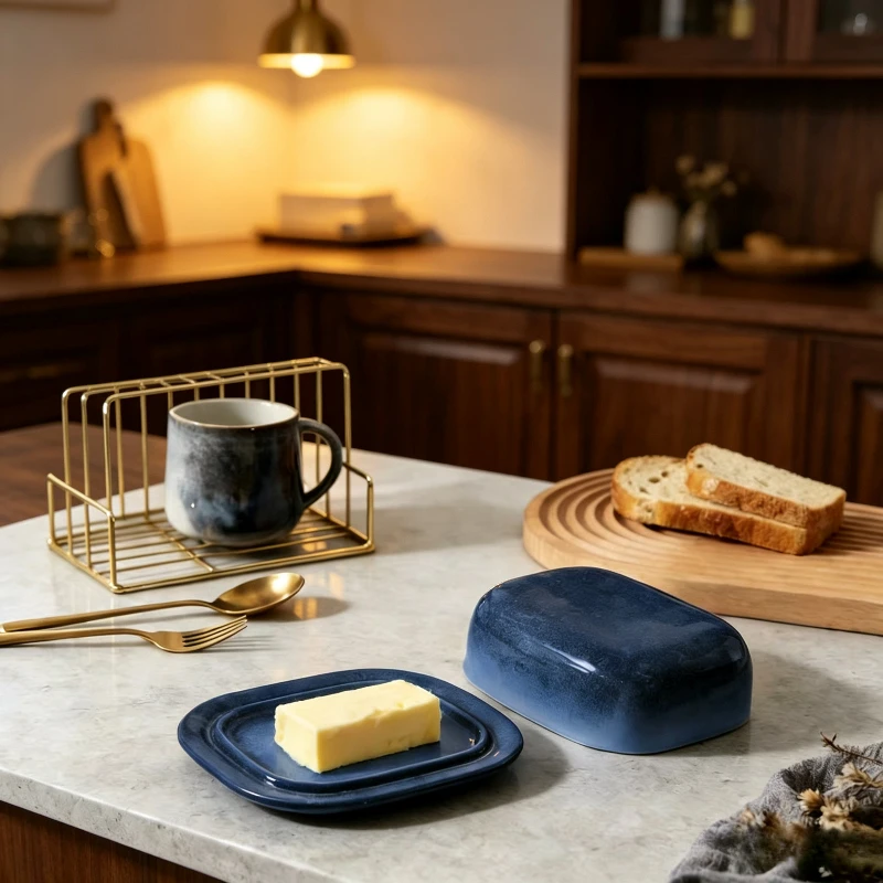 Kiln‑Change Glaze Ceramic Butter Dish with Lid Options Moisture‑proof Insect‑proof Cheese Storage Box for Home Kitchen