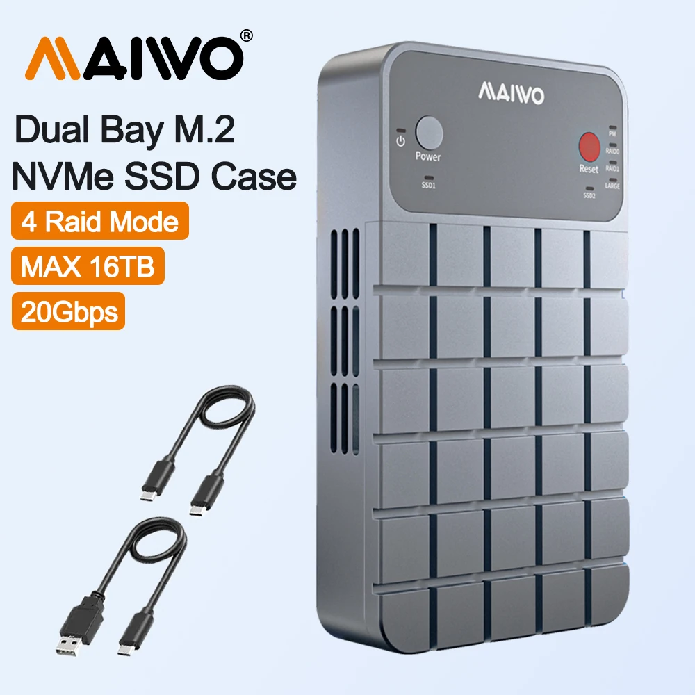 

MAIWO 20Gbps M.2 NVMe SSD Enclosure Offline Clone USB 3.2 Type-C Gen2 Dual Bay M.2 NVMe SSD Case Aluminum for M-Key SSDs 16TB