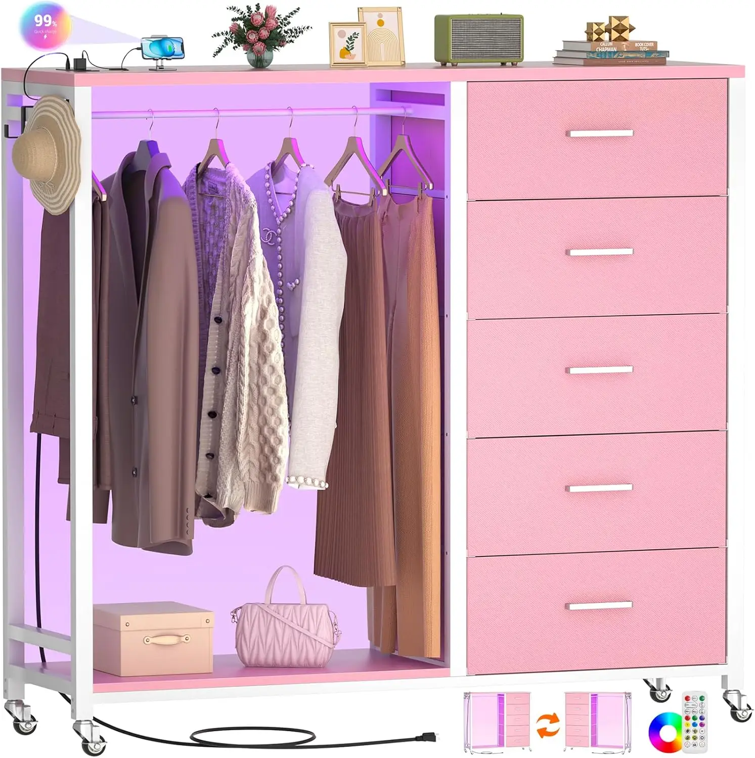 Clothes Rack, 5 Drawers Dresser with Charging Station & LED Lights, Pink Storage Chest of Drawers with Wheels, Wooden Top, Locka