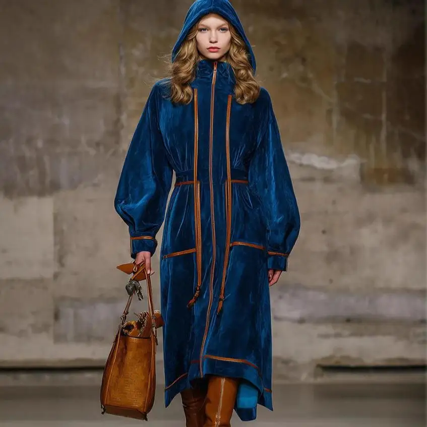 

Cross-Border Long Hooded Zipper Jaet Women's Independent Station New Sle Windbreaker Outerwear Spring Season PU Material