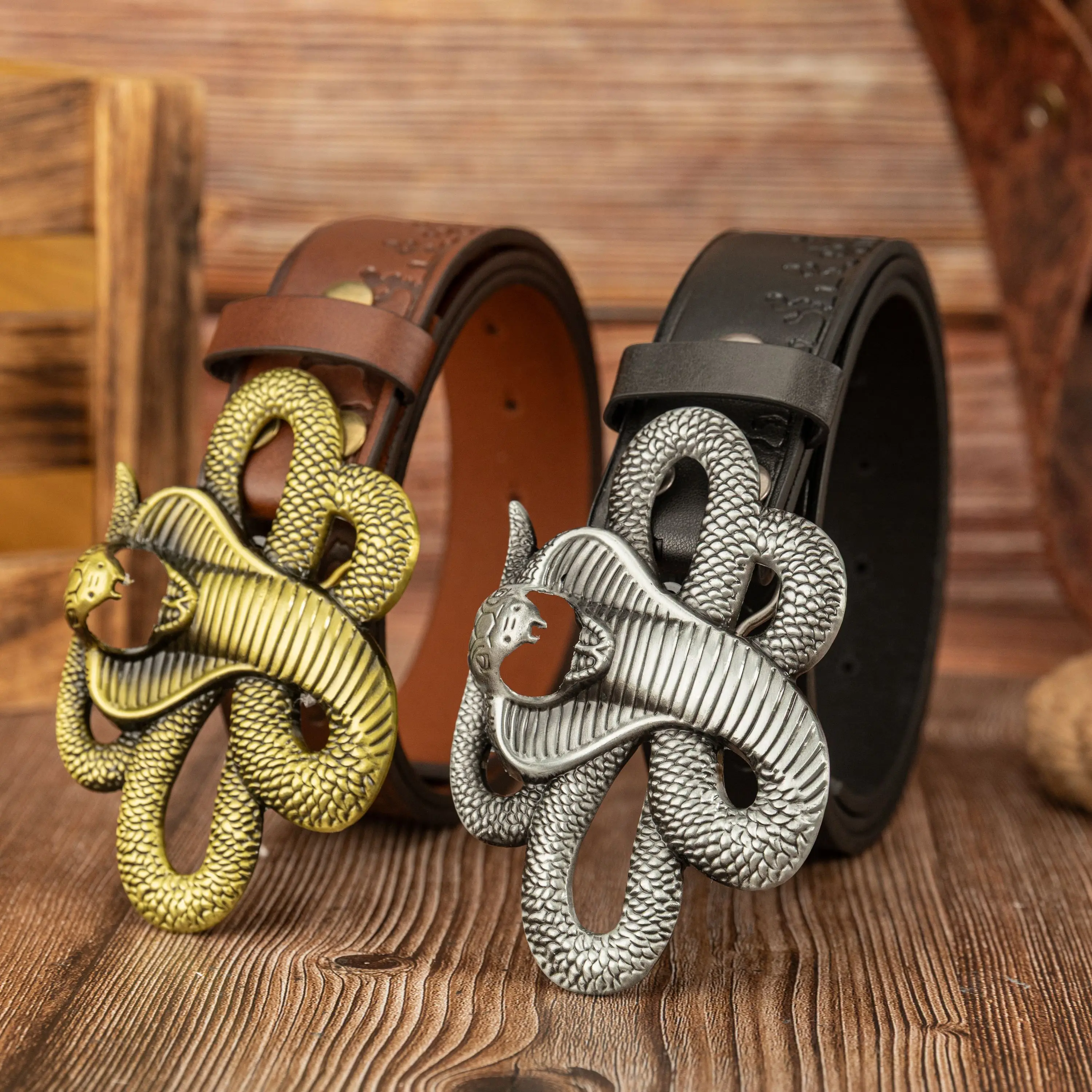 3D Hollow Snake Zinc Alloy Buckle PU Coral Embossed Button Waist Belt for Party Daily Commuting