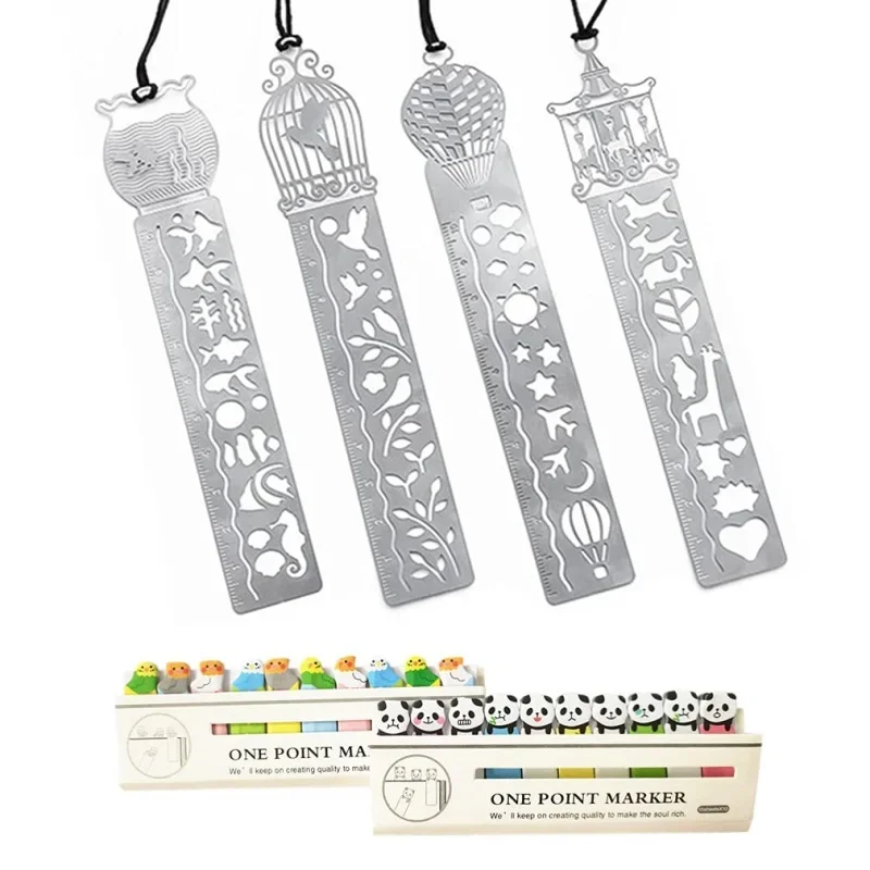 4Pcs Metal Bookmark Ruler with 2Pack Sticky Notes Hollow Out Stainless Steel Drawing Ruler Painting Stencils Template
