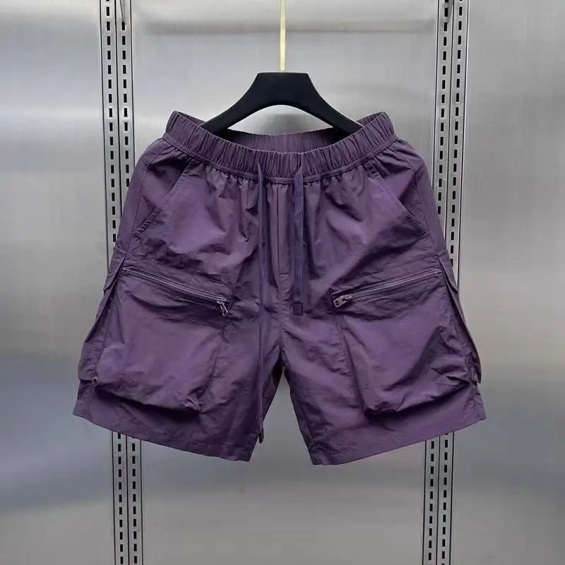 Summer Drawstring Cargo Shorts For Men Casual Loose Five-Point Shorts Quick Dry Outdoor Pocket Zipper Breathable Short Pants