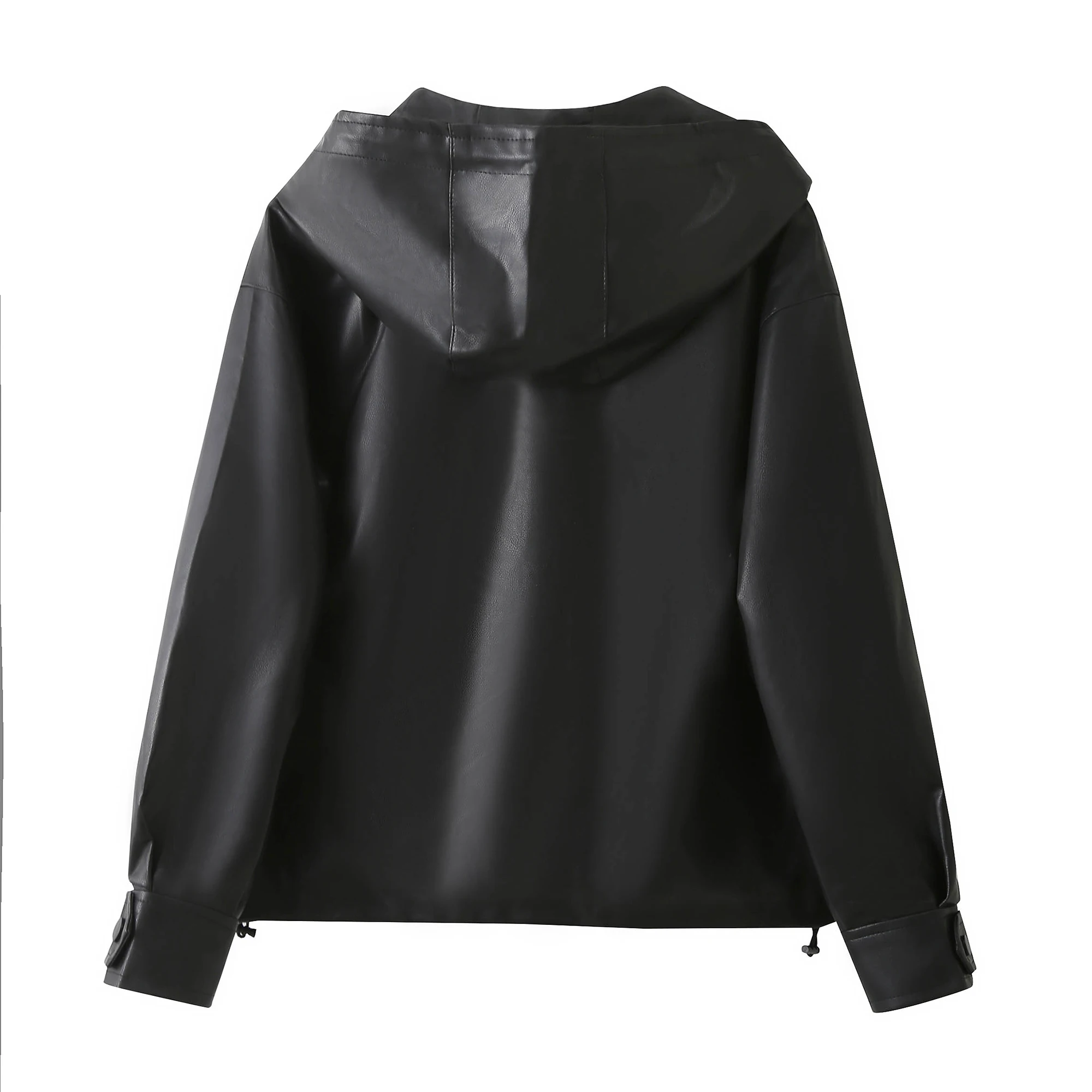Na moda casual solto feminino couro do plutônio jaet com capuz dstring outono foiable superior fechamento com zíper longo casaco sve