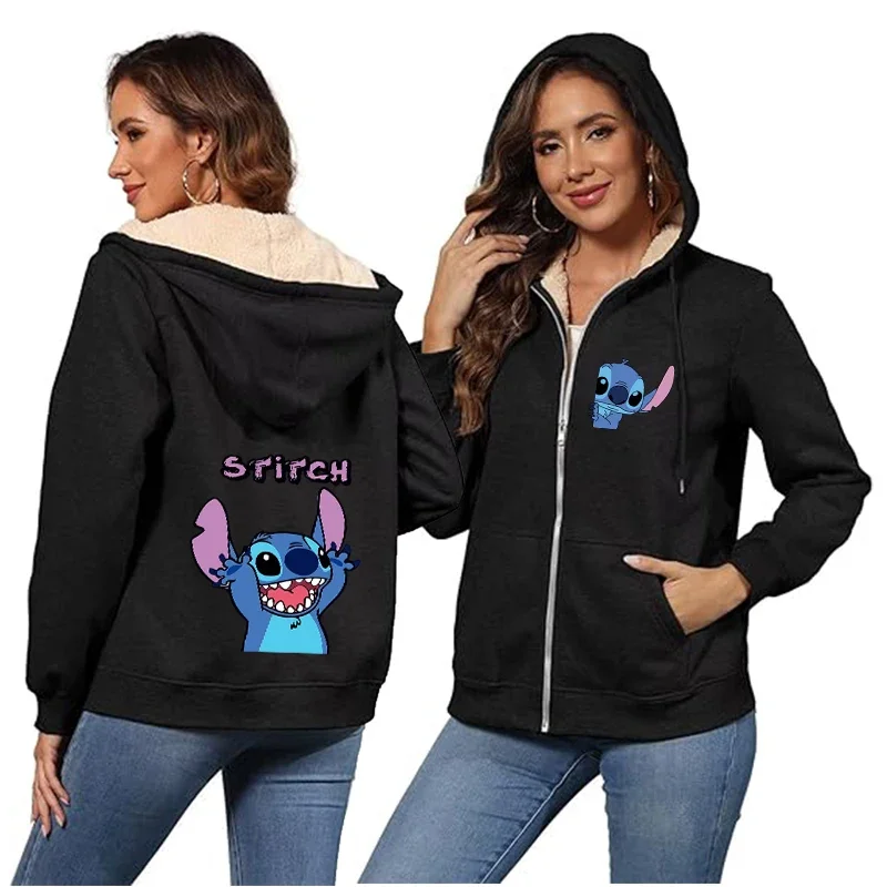 Kawaii Stitch Women Zip Up Hoodies Winter Fleece Hooded Sweatshirt Cute Cartoon Pullover Female Outerwear Sport Coat Streetwear