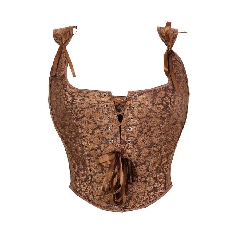 A brown sunflowerpatterned strapless vest can be layered over a corset  Shaping top