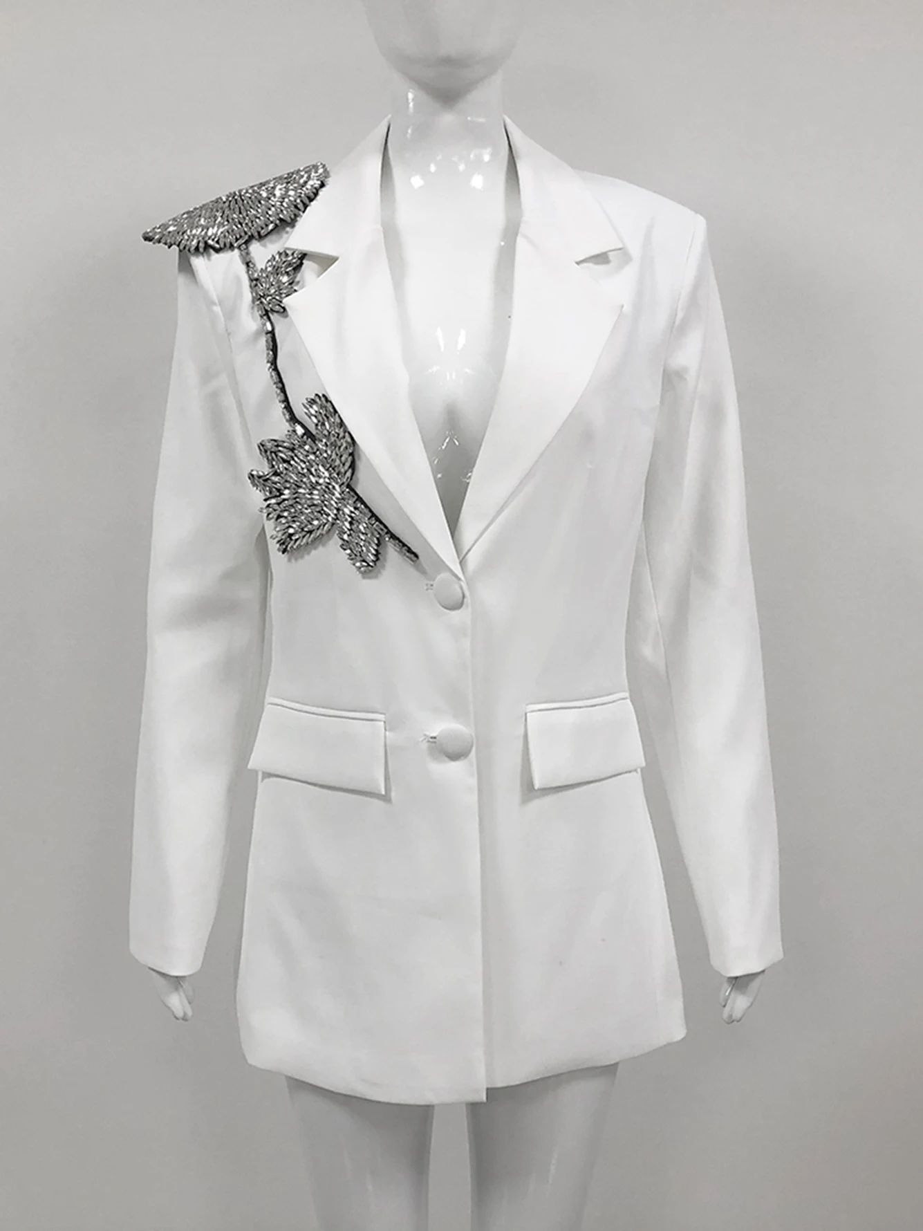 High Quality Women'S White Slim Fit Blazer 2024 New Sexy V-Neck Long Sleeved Single Button Luxury Diamond Crystal Party Blazer