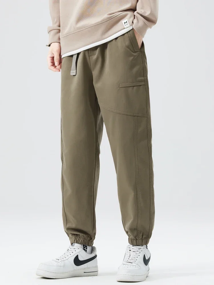 New Autumn Cargo Pants Men Korean Fashion Banded Waist Heavy Polyester Casual Jogger Pants Male Baggy Trousers with Belts
