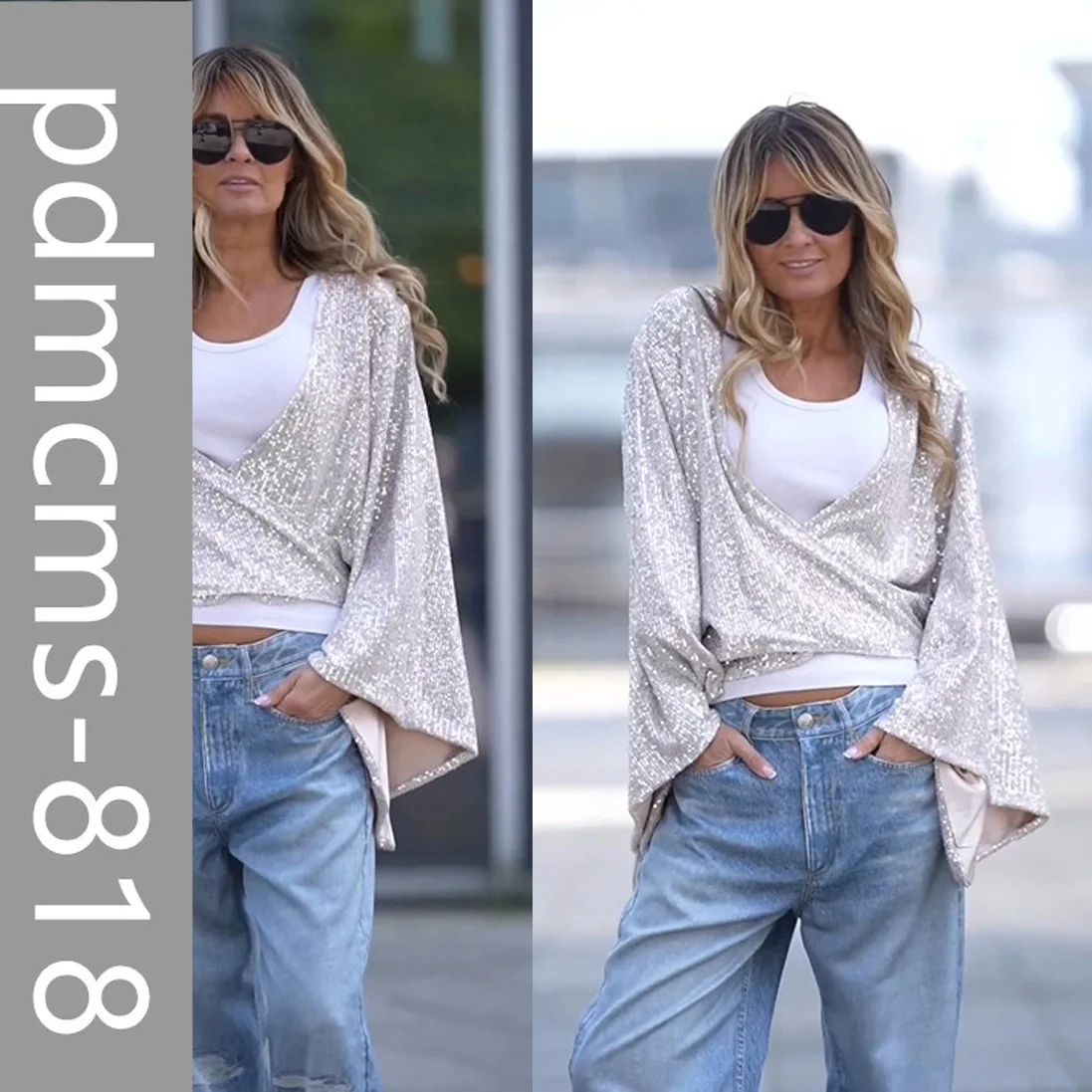 

2025 new autumn and winter sequined lace-up fashion casual shirt INS loose party horn sleeve top women
