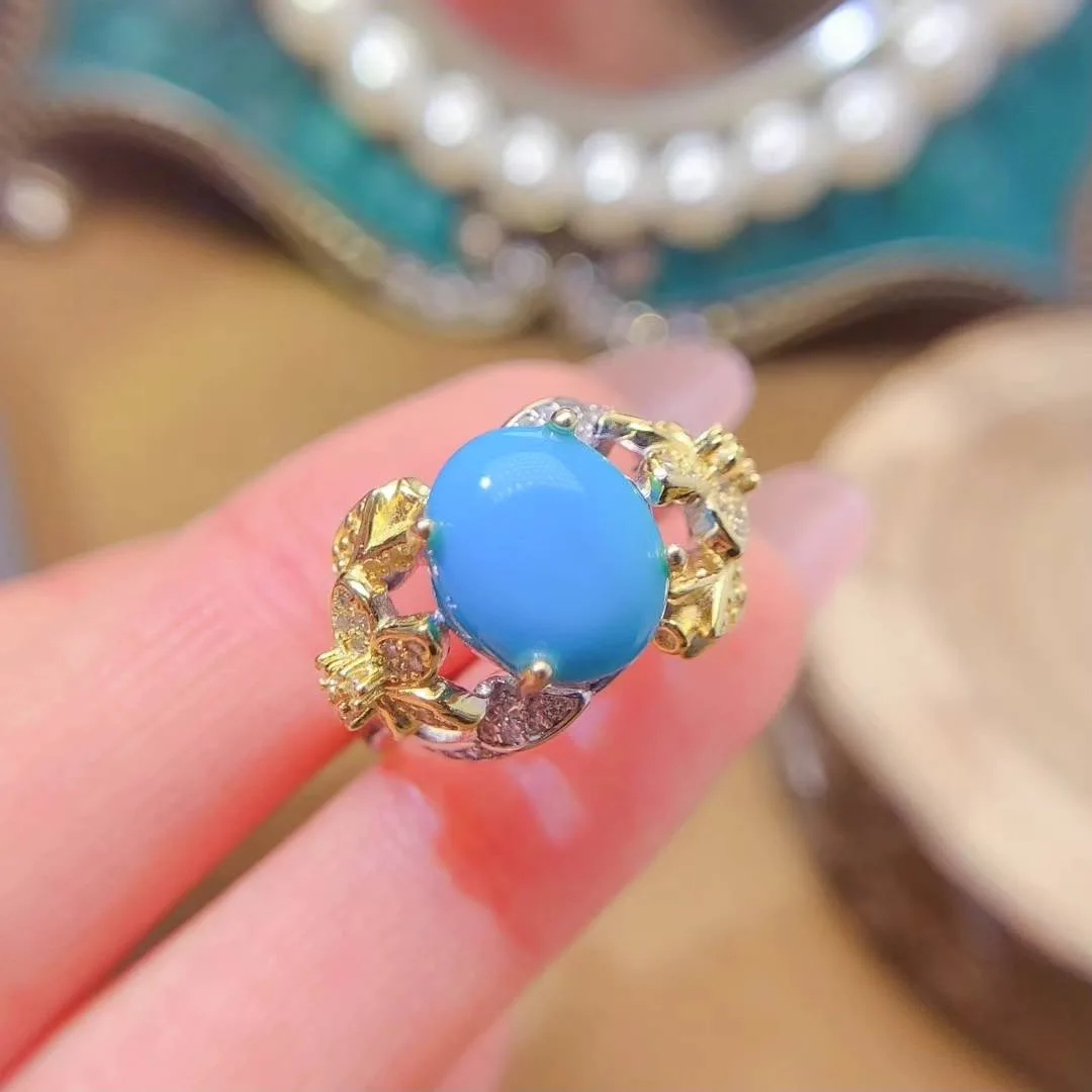 

KJJEAXCMY High End Women's Ring Natural Turquoise S925 Silver with Electroplating Boasting High Clarity Full Brilliance