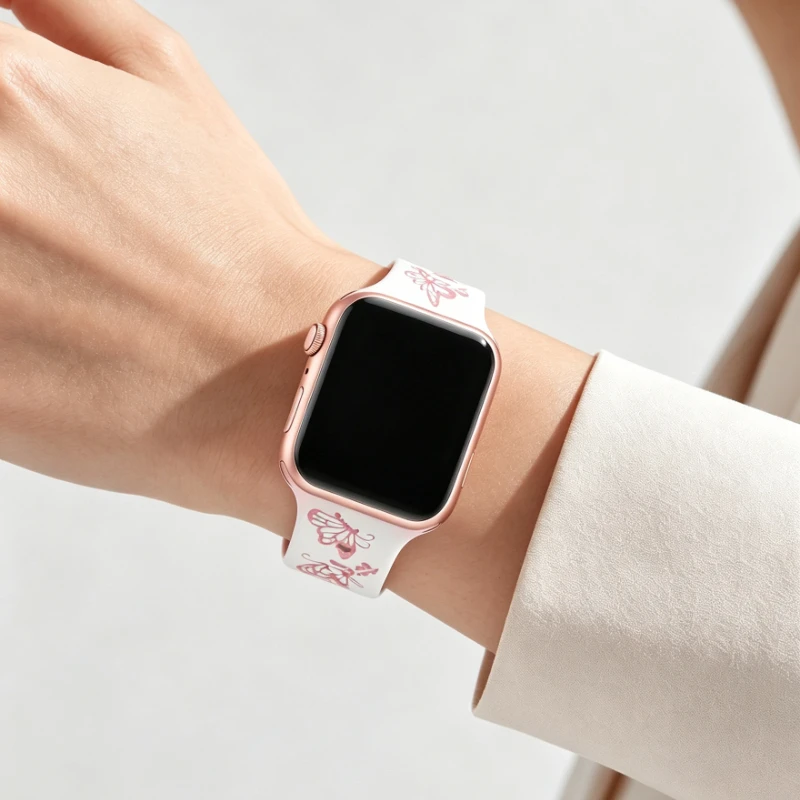 Carved Butterfly Pattern Strap For Apple Watch Band 40mm 41mm 42mm 38mm Cute Women Silicone Bracelet IWatch Series 9 8 7 6 5 4 3