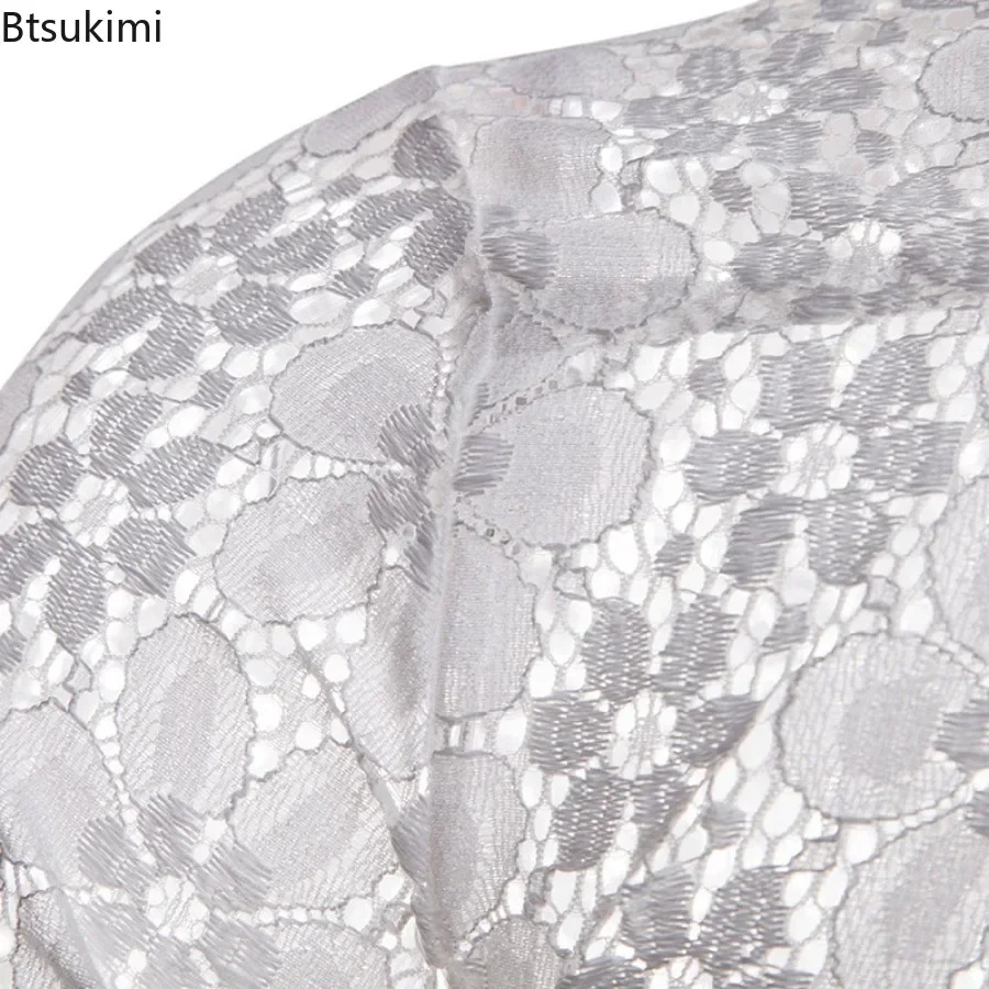 2025 Men's Lace Flower Embroidery Long Sleve Shirt Fashion Transparent Sexy Dress Shirts Male See Trough Club Party Shirts Top