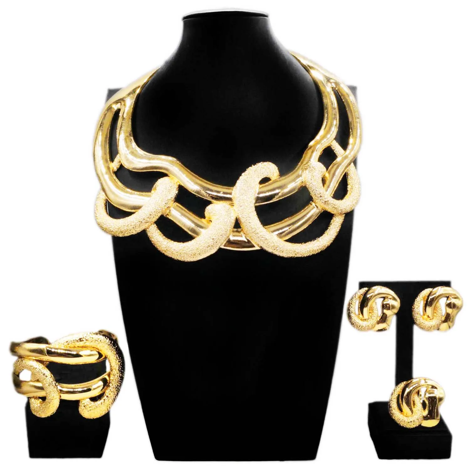 Dubai Gold Plated Jewelry Set Luxury Round Necklace Elegant Bracelet Earrings Wedding Jewelry Woman Gift