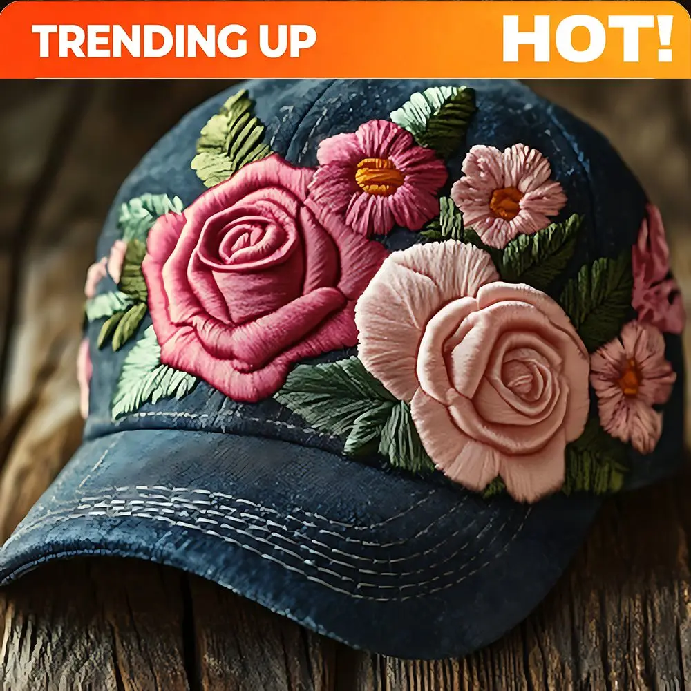 Custom Blue Denim Baseball Cap Adorned With Delicate Floral Embroidery-large Pink Roses And Pale Pink Flowers (with Orange Stame