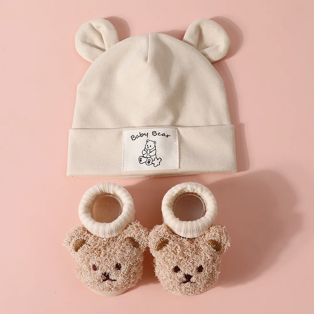 2-teiliges Set aus Bärenohren-Baby-Mütze und Stricksocken, Baumwolle, Neugeborenen-Kopftuch, Mützen, Herbst-Winter-Warm-Kinder-Pullover-Mütze, Baby-Accessoires – Detail 8