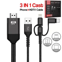 3 in 1 Phone to HDMI Cable, Mirroring Cellphone Screen to TV, 1080P Resolution for Phone Pad and Android Devices