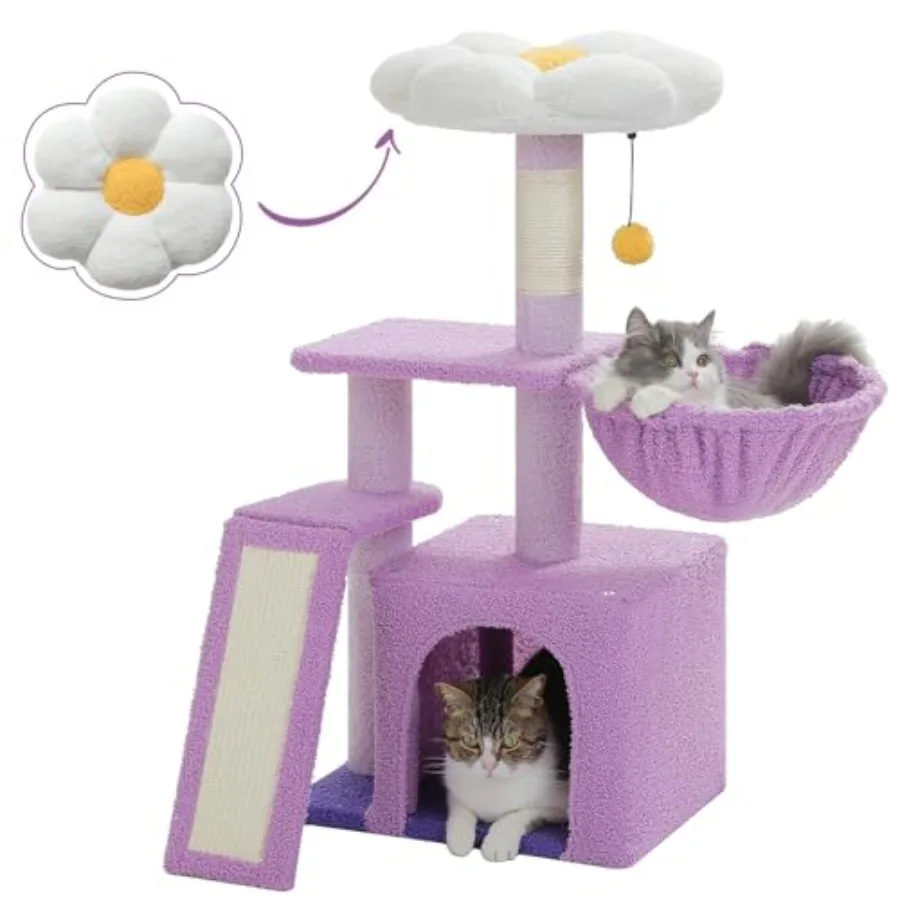 

Flower Cat Tree for Indoor Cats 32'' Small Cat Tower Cat Condo with Sisal Scratching Ramp Cozy Hammock and Removable Flower Bed