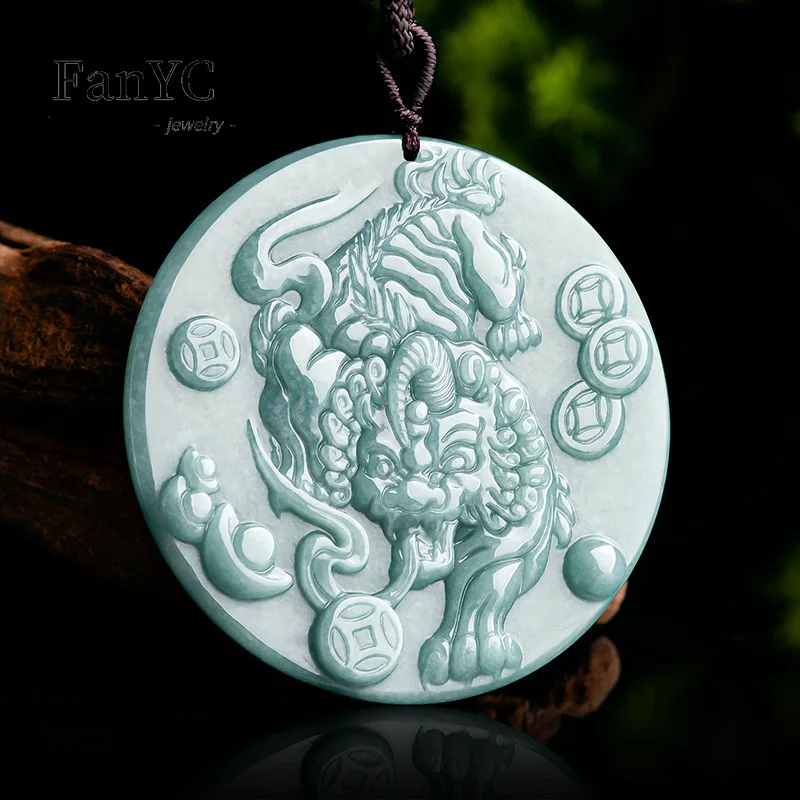Natural A-grade Jadeite Blue Water Money Puxiu Pendant Hand-carved Fashionable Charm Nongzhuo Jade Necklace Men and Women Gift