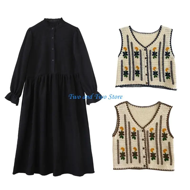 

HX6F Women Ethnic Crochet Knitted Flower Sweater Vest Button Sleeveless Crop Cardigan