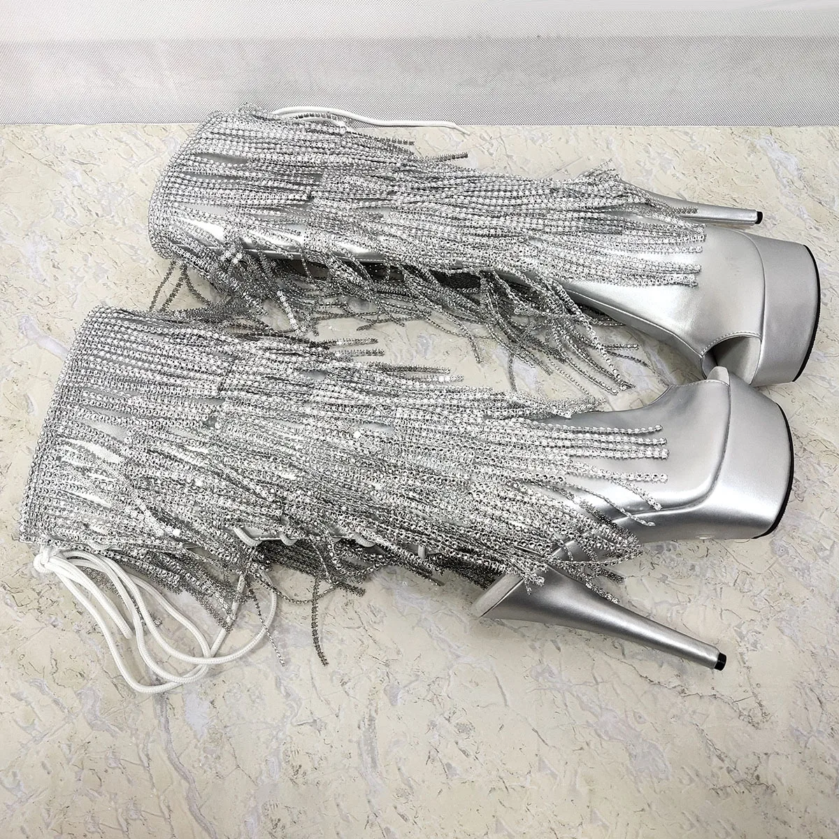 Mid-Calf Silver Exotic 6Inch Peep Toe Fringe strips Thigh High Boots Pole Dance Shoes Big Size Women Gothic Gladiator Rhinestone