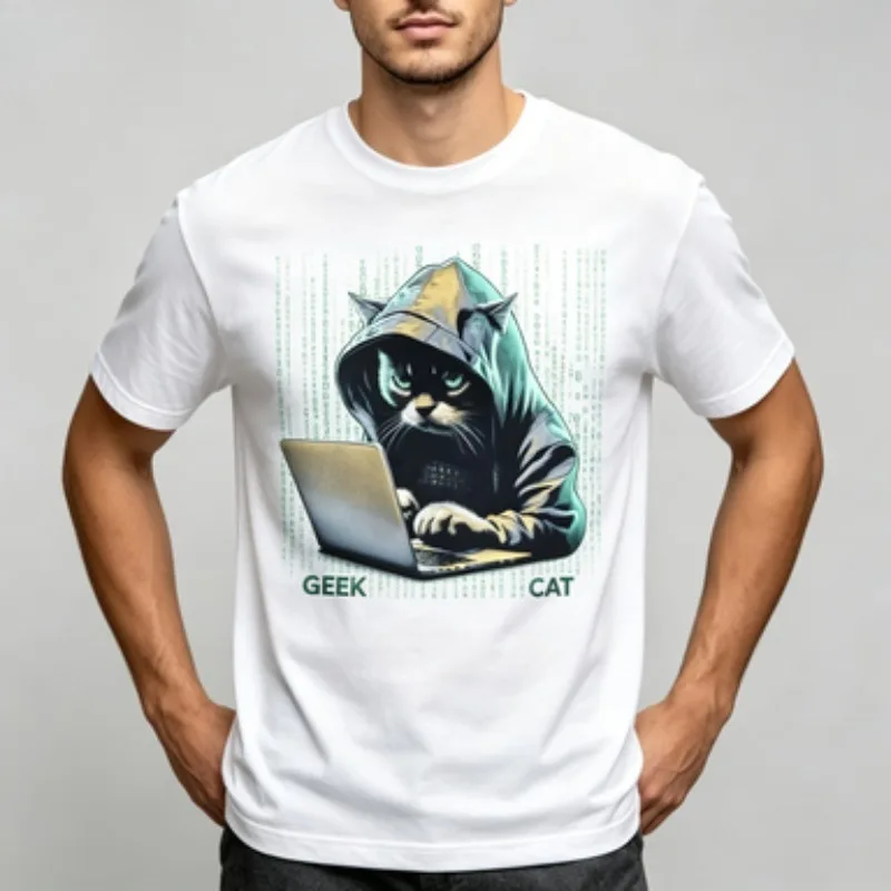 Geek Nerd Cat Lovers Men’s Modal T‑Shirt Round Neck Graphic Print Binary Code Tech Themed Short Sleeve Daily Casual Tops